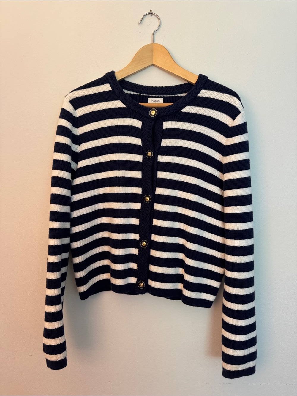 J. Crew Navy and White Striped Button-Front Cardigan